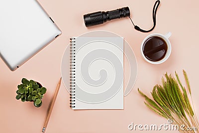 Flat lay empty book and pencil, tablet for design work Stock Photo