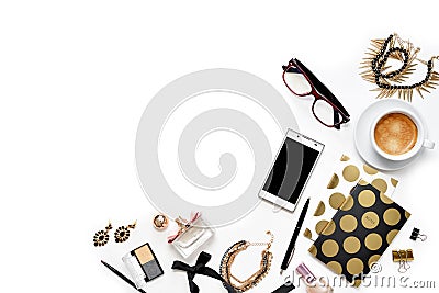 Flat lay fashion feminine home office workspace with phone, cup of coffee, stylish black gold notebooks, cosmetics and jewelry on Stock Photo