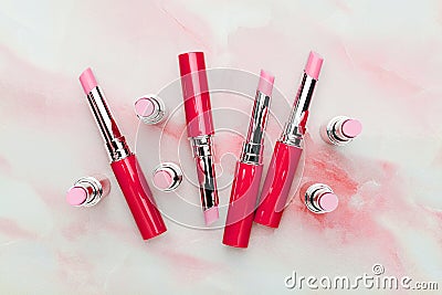 Flat lay fashion with lipsticks, Essential beauty item Stock Photo