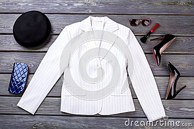 Flat lay fashionable business women wear with white jacket. Stock Photo