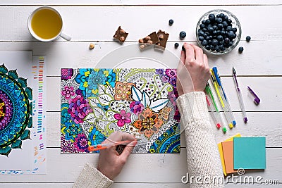 Flat lay, female coloring adult coloring book Stock Photo