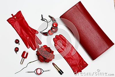 Flat lay feminini red clothes and accessories collage on white background. Stock Photo