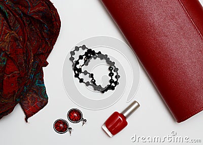 Flat lay feminini red clothes and accessories collage on white background. Stock Photo