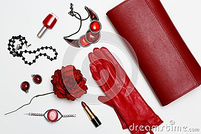 Flat lay feminini red clothes and accessories collage on white background. Stock Photo