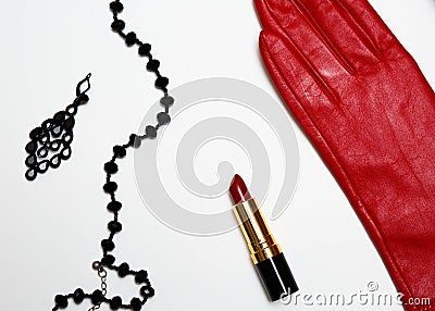 Flat lay feminini red clothes and accessories collage on white background. Stock Photo