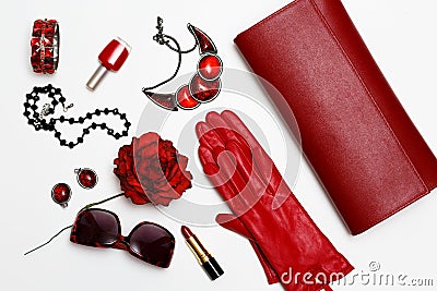 Flat lay feminini red clothes and accessories collage on white background. Stock Photo