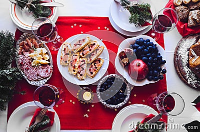 Flat-lay of festive table setting for holiday dinner Stock Photo