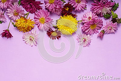 Flat lay frame border with flowers. Stock Photo