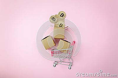 Flat lay graph growth up with coin money & shopping cart or trolley on modern pink paper. Stock Photo