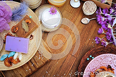 Flat lay handmade organic cosmetics: cream, artisan soap, bath salt Stock Photo