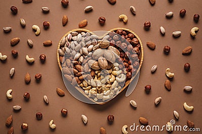 Flat lay with heart shaped box with different nuts assortment Stock Photo