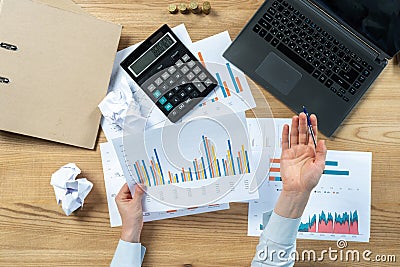 Flat lay high angle above top view banker broker economist financier sale manager lady in her formal wear she sit behind desk in Stock Photo