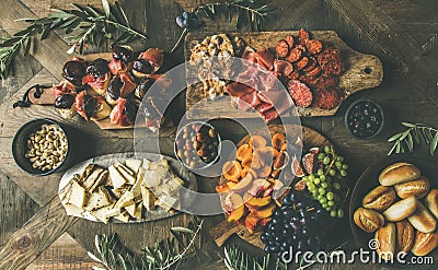 Flat-lay of holiday, party, family dinner table set with snacks Stock Photo