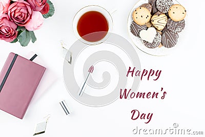 Happy Women`s Day greeting card with feminine work accessories, flowers, cosmetics. Stock Photo