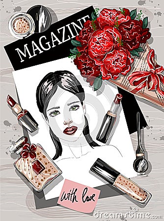 Flat lay illustration with bouquet of roses, sketch of girl, lipstick, brush, mascara, perfume, magazine. Vector. Vector Illustration