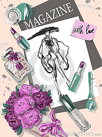 Flat lay illustration with bouquet of roses, sketch of girl, lipstick, brush, mascara, perfume, magazine. Vector. Vector Illustration