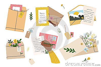 Flat lay illustration of envelopes, letters, postage stamps, stationery and black female hand writing mail. Workspace top view. Vector Illustration