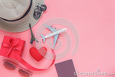 Flat lay image of accessory clothing man or women to plan travel in valentines Stock Photo