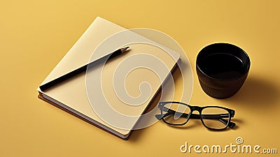 A legal pad, black pencil, glasses and a cup coffee on yellow background. generative ai. Stock Photo