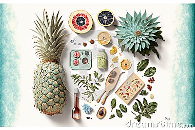 Flat lay of imaginary objects related to summer, designed by an ai Stock Photo