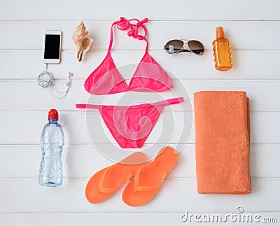 Flat lay items for sunbathing Stock Photo