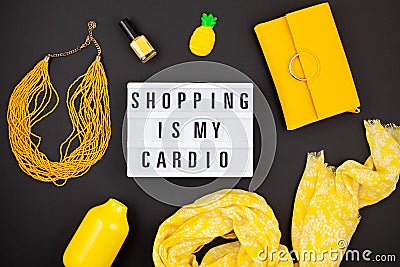 Flat lay with lightbox and funny quote Shopping is my cardio Stock Photo