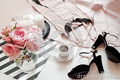 Flat lay, magazines, social media. Top view pink lace lingerie. Beauty blog concept. Woman fashion accessories Stock Photo