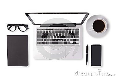 Flat lay of men device accessories in black tone color on office desk table such as notebook laptop computer , cup of coffee Stock Photo