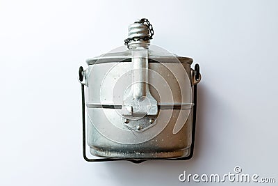 Flat lay military soldiers hiking flask three in one,soup second dish and drink. white background Editorial Stock Photo