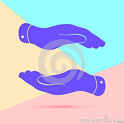 flat lay modern caring hands icon with shadow on pastel colored blue and pink background Vector Illustration