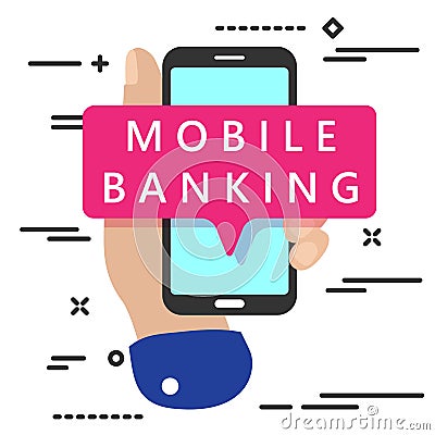 flat lay modern minimal hand holding mobile phone with mobile banking text mesagge on white background Stock Photo