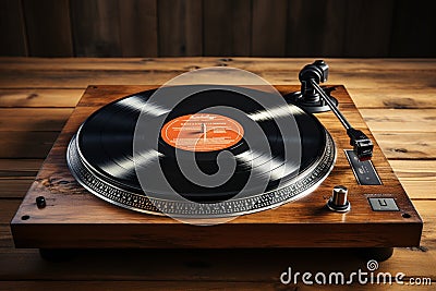 Flat lay Modern player, vinyl records on wooden background text friendly space Stock Photo