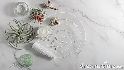 Flat lay with natural cold pressed shea butter on white marble background with plants and candle Stock Photo