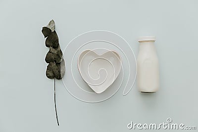 Flat lay nominal background with milk. Stock Photo