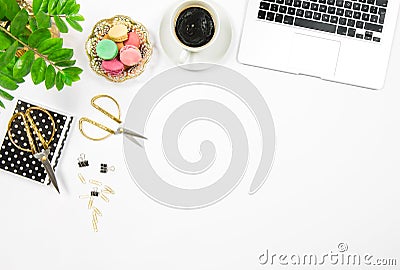 Flat lay Office desk workplace. Coffee cookies laptop computer Stock Photo