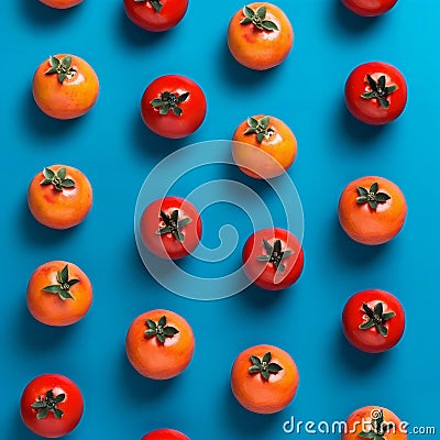 Flat lay pattern with summer Pomegranate orange on blue background. Stock Photo