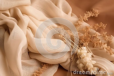 flat lay photo of beige scarf and dried flowers. background Stock Photo