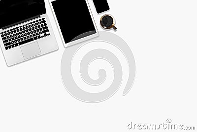 Flat lay photo of office table with digital tablet computer, mobile phone and accessories. on isolated white background. Desktop o Stock Photo