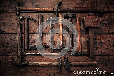 Flat lay picture of hammers set for carpentry, rocks and car industry Stock Photo