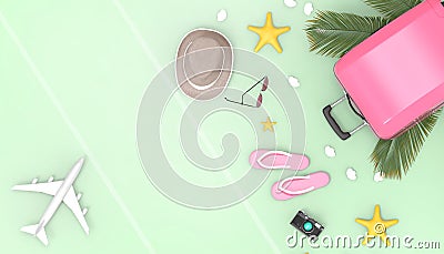 Flat lay Pink suitcase and sunglasses ,Luggage bag on Natural Green background and Airplane modern Art accessories and Summer Stock Photo