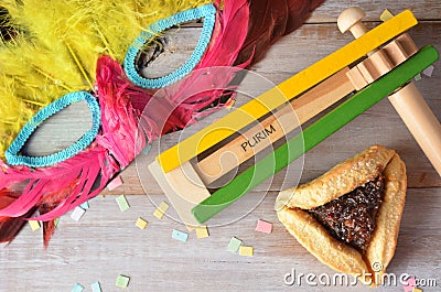 Flat lay of Purim Jewish holiday food and objects Stock Photo