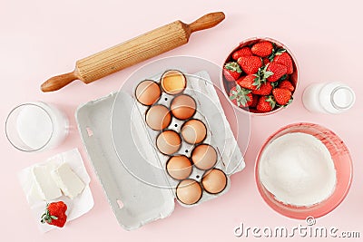 Flat lay raw ingredients cooking strawberry pie cake top view Re Stock Photo
