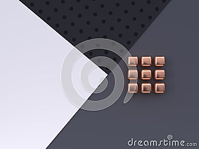 Flat lay scene white grey black pattern floor abstract geometric shape gold/copper metallic 3d render Stock Photo