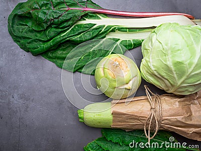 Flat lay series of assorted green vegetables, fresh organic raw produce, fiber and vitamins rich Stock Photo
