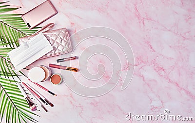 Flat lay with set of decorative cosmetics, makeup tools and feminine accessories Stock Photo