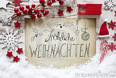 Flat Lay, Snow, Calligraphy Froehliche Weihnachten Mean Merry Christmas Stock Photo