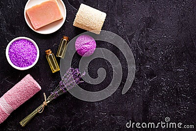 Flat lay of spa lavender treatments - cosmetic pharmacy products Stock Photo