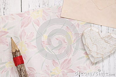 Flat lay stock photography flower pattern message letter paper wood pencil heart craft Stock Photo