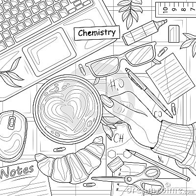 Flat lay studies.Hand with coffee near laptop and office supplies.Coloring book antistress for children and adults Vector Illustration