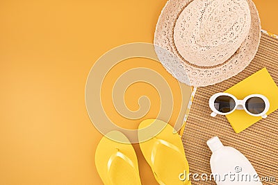 Flat lay with summer accessories for woman. Sun hat, sunglasses, sunscreen protection, flip flops and bag. Summer travel, Stock Photo